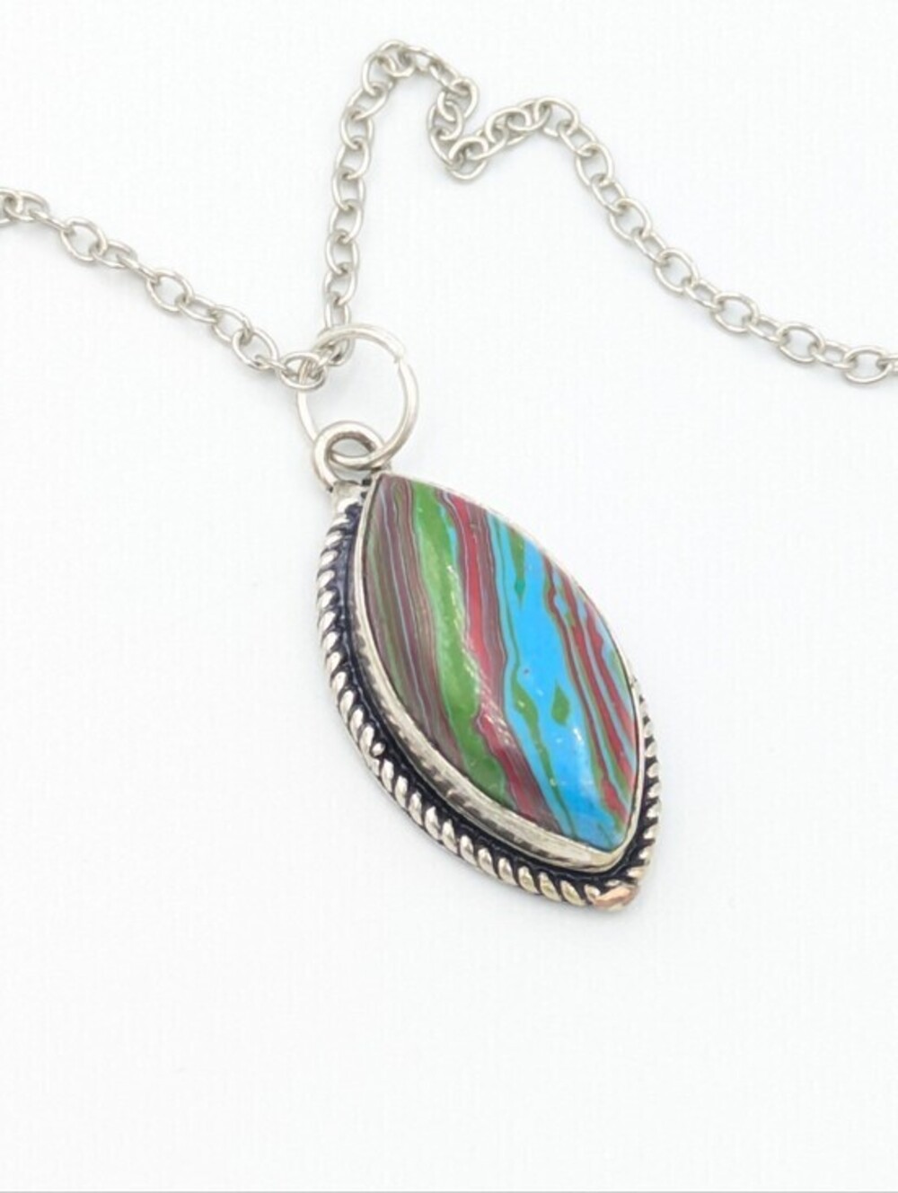Colourful calsilica 925 sterling silver pendant with silver tone chain necklace